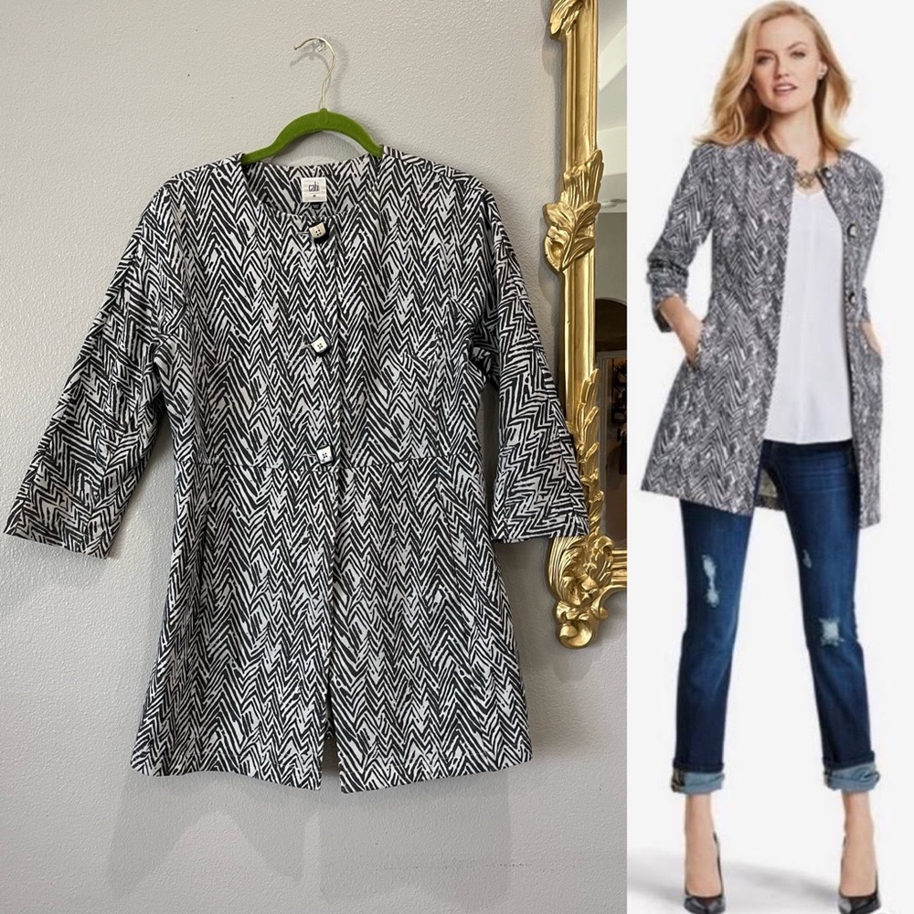 Cabi # 3034 Ponte Knit Zig Zag Print Jacket, Women’s Medium Blue Grey